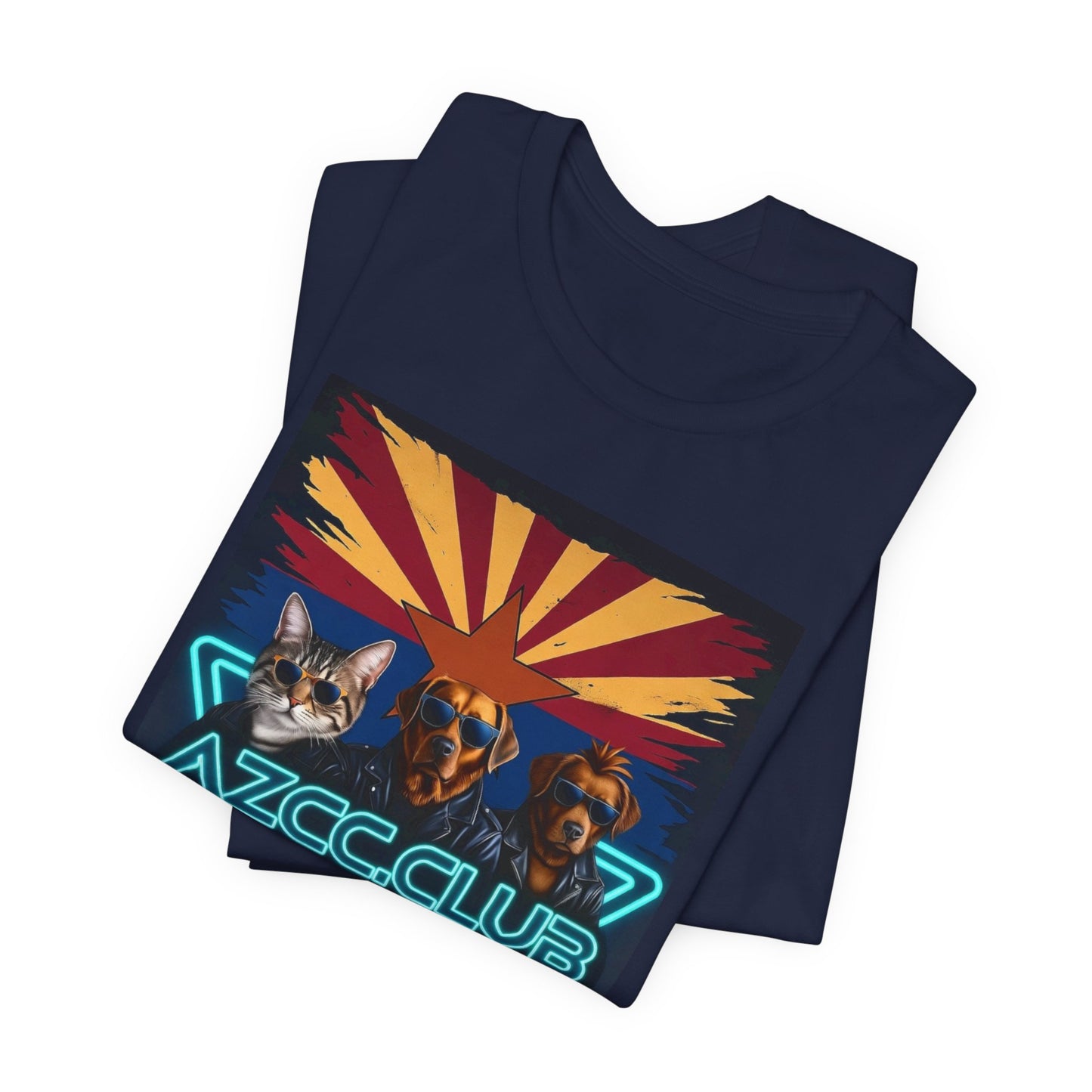 Arizona Corvette Club Tee — "AZCC.CLUB" Neon Retro Cat & Dog Corvette Tee