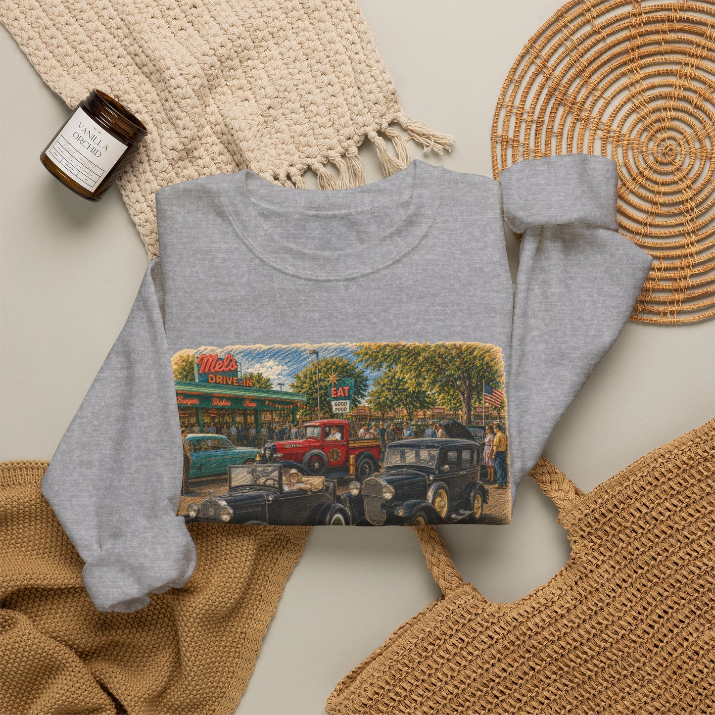 Mel's Drive-In (LTG) Crewneck Sweatshirt — Retro Antique Car Scene