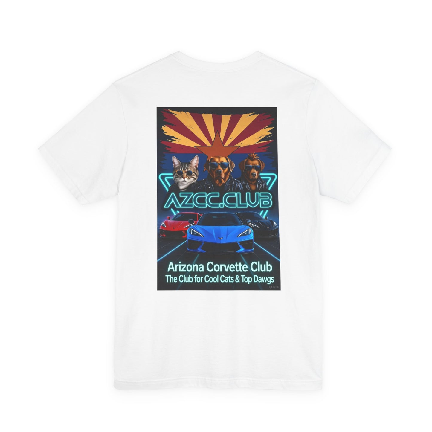 Arizona Corvette Club Tee — "AZCC.CLUB" Neon Retro Cat & Dog Corvette Tee