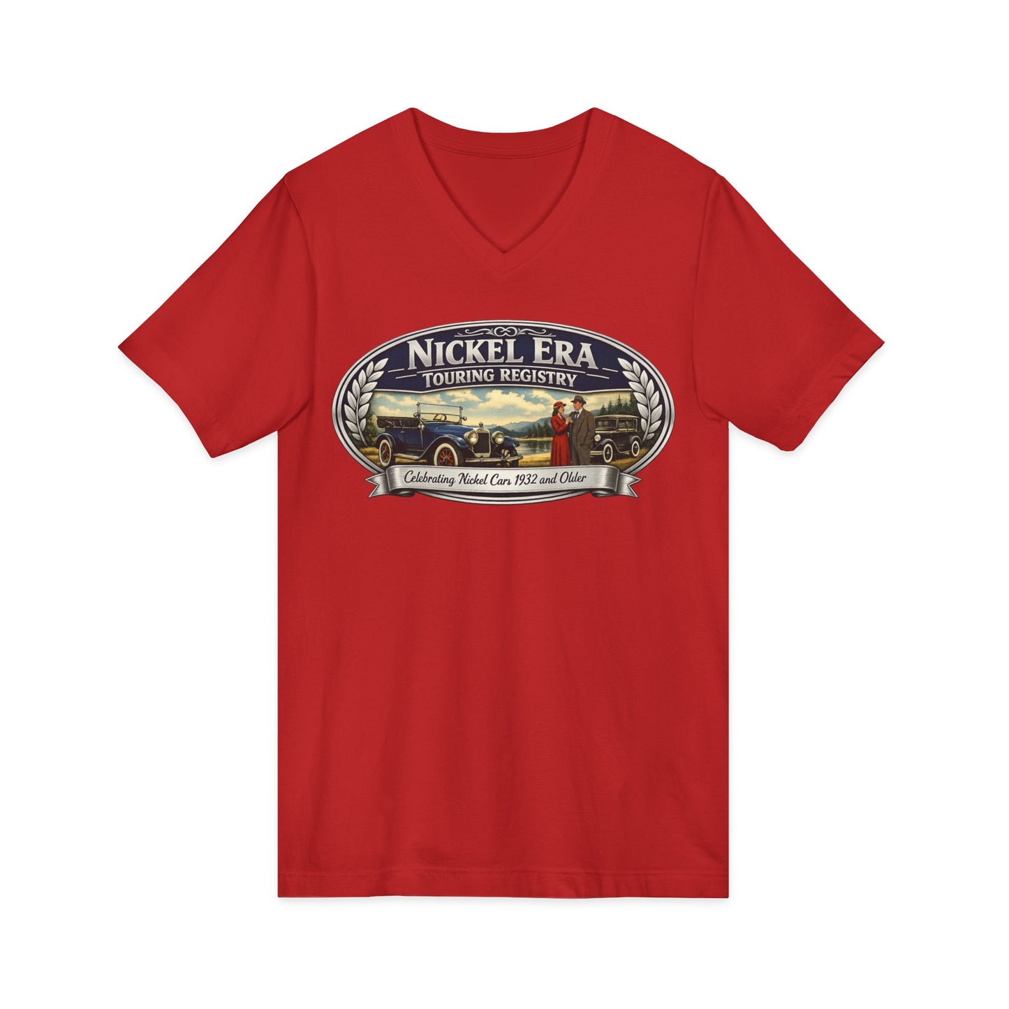 Nickel Era Touring Registry Women's V-Neck Tee — Vintage Car Club Graphic Shirt