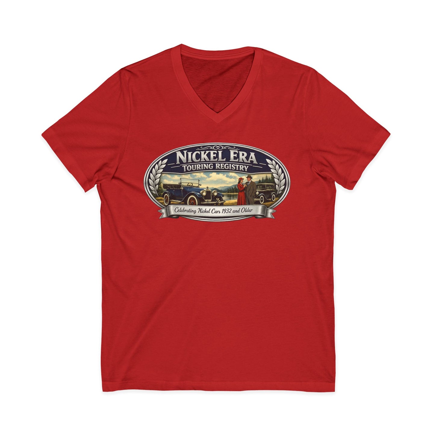 Nickel Era Touring Registry Women's V-Neck Tee — Vintage Car Club Graphic Shirt