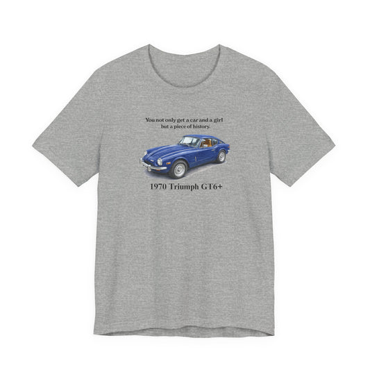 1970 Triumph GT6+ T-Shirt — Vintage Blue Sports Car Tee with Quote