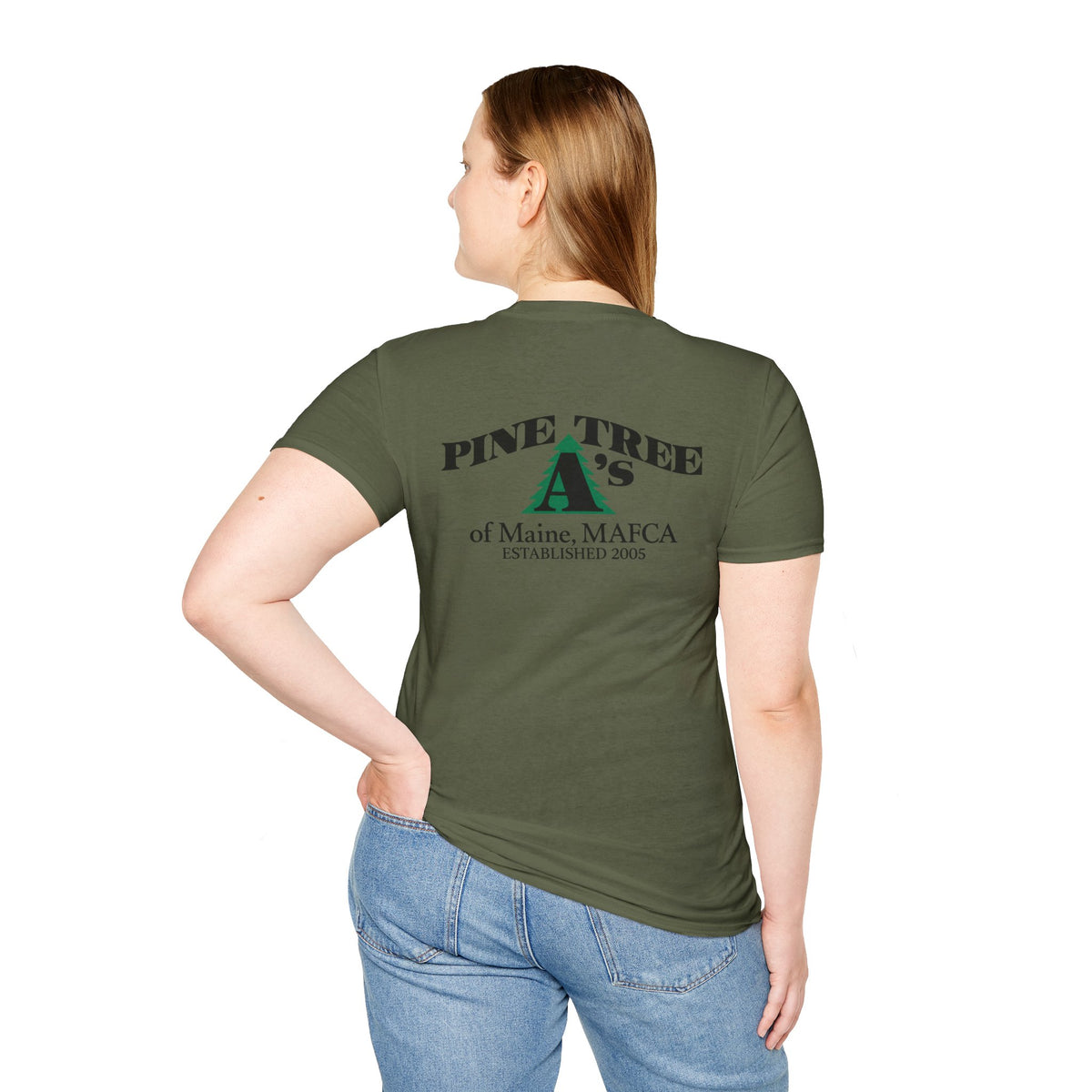 Pine Tree A's of Maine, MAFCA T‑Shirt with Front and Back Logos — Unisex Softstyle T-Shirt