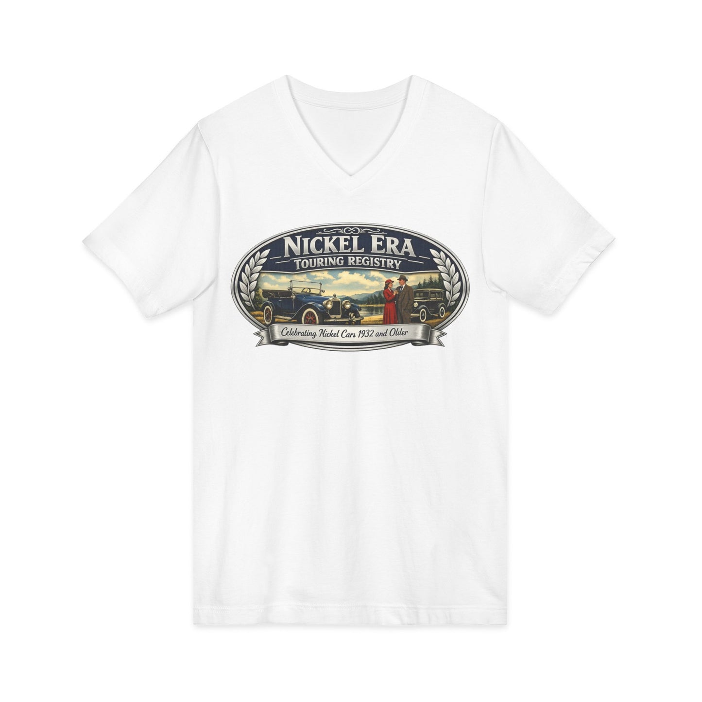 Nickel Era Touring Registry Women's V-Neck Tee — Vintage Car Club Graphic Shirt