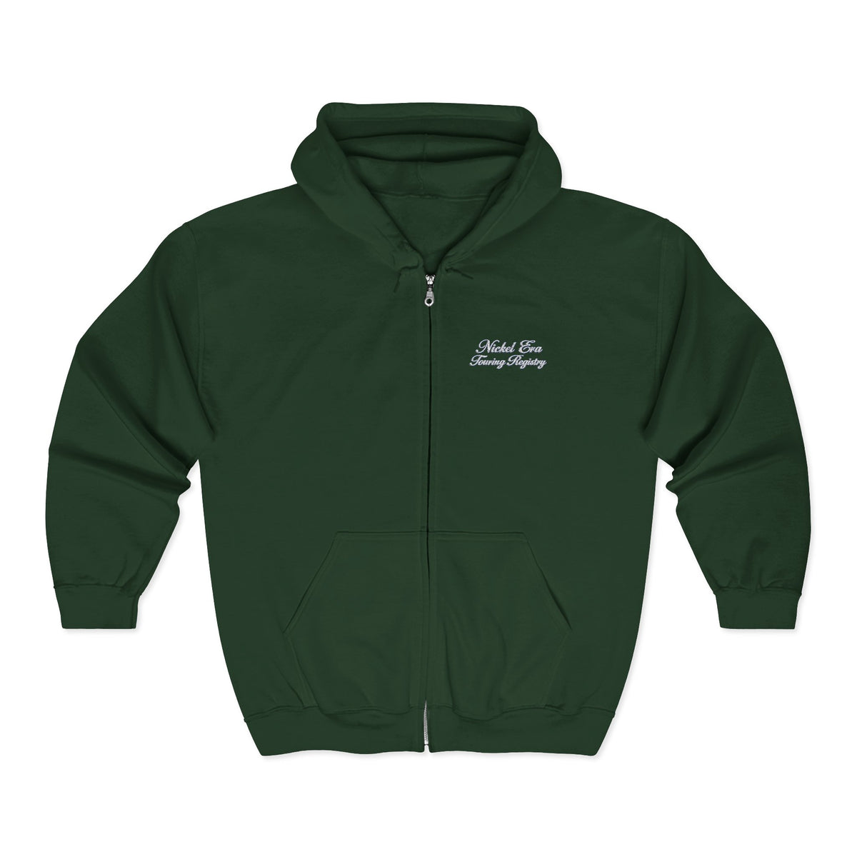 Nickel Era Touring Registry Hoodie with Embroidered Script Chest Text — Unisex Heavy Blend™ Full Zip Hooded Sweatshirt