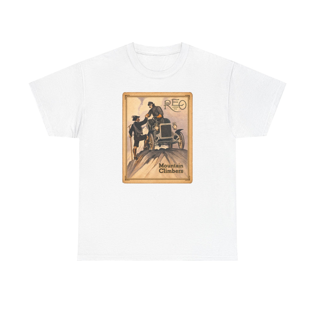 REO Lansing Michigan Mountain Climbers T-Shirt - Unisex Heavy Cotton Tee