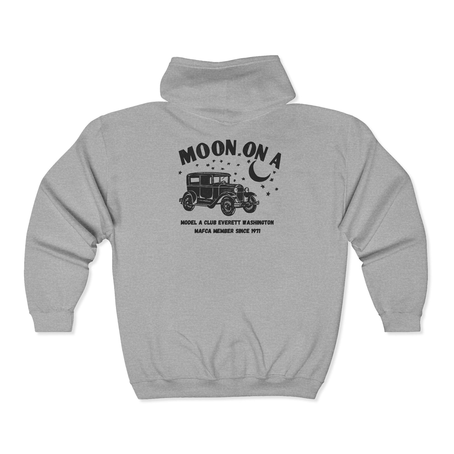 Moon On A Full Zip Hoodie - Small Logo on Front and Large Logo on Back
