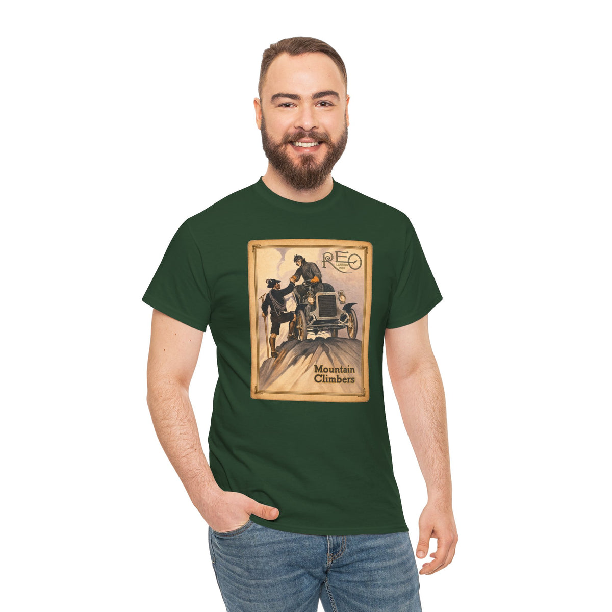REO Lansing Michigan Mountain Climbers T-Shirt - Unisex Heavy Cotton Tee