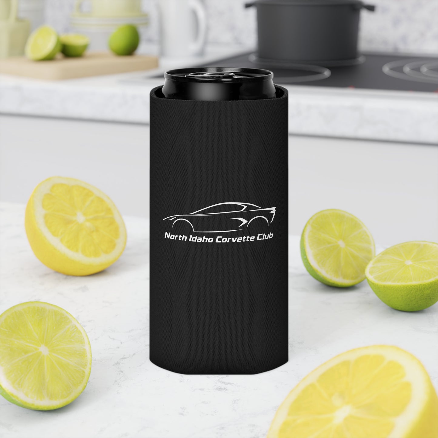 North Idaho Corvette Club Can Cooler — Black Neoprene Drink Koozie