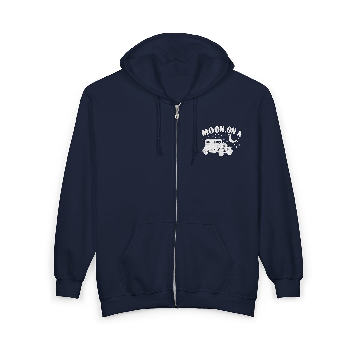 Moon On A Full Zip Hoodie - Small Logo on Front and Large Logo on Back