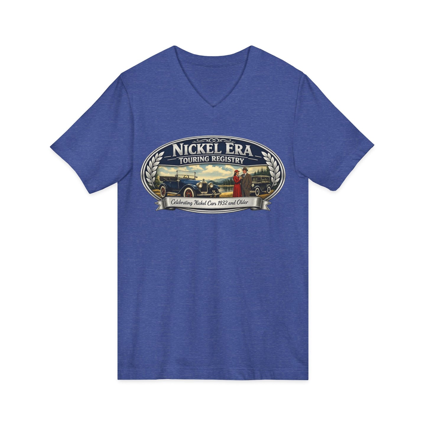 Nickel Era Touring Registry Women's V-Neck Tee — Vintage Car Club Graphic Shirt