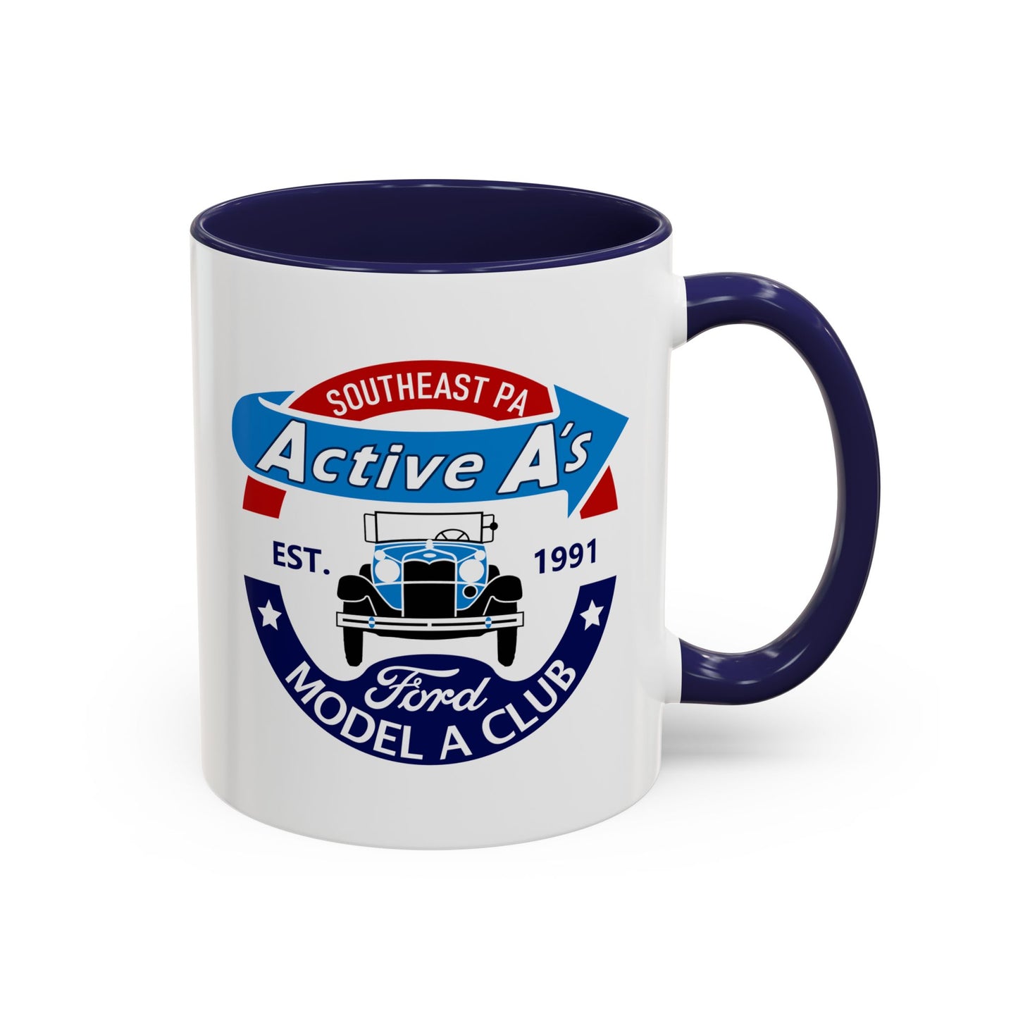 Ford Model A Club Coffee Mug — "Active A's" Southeast PA Vintage Car Design (11/15 oz)