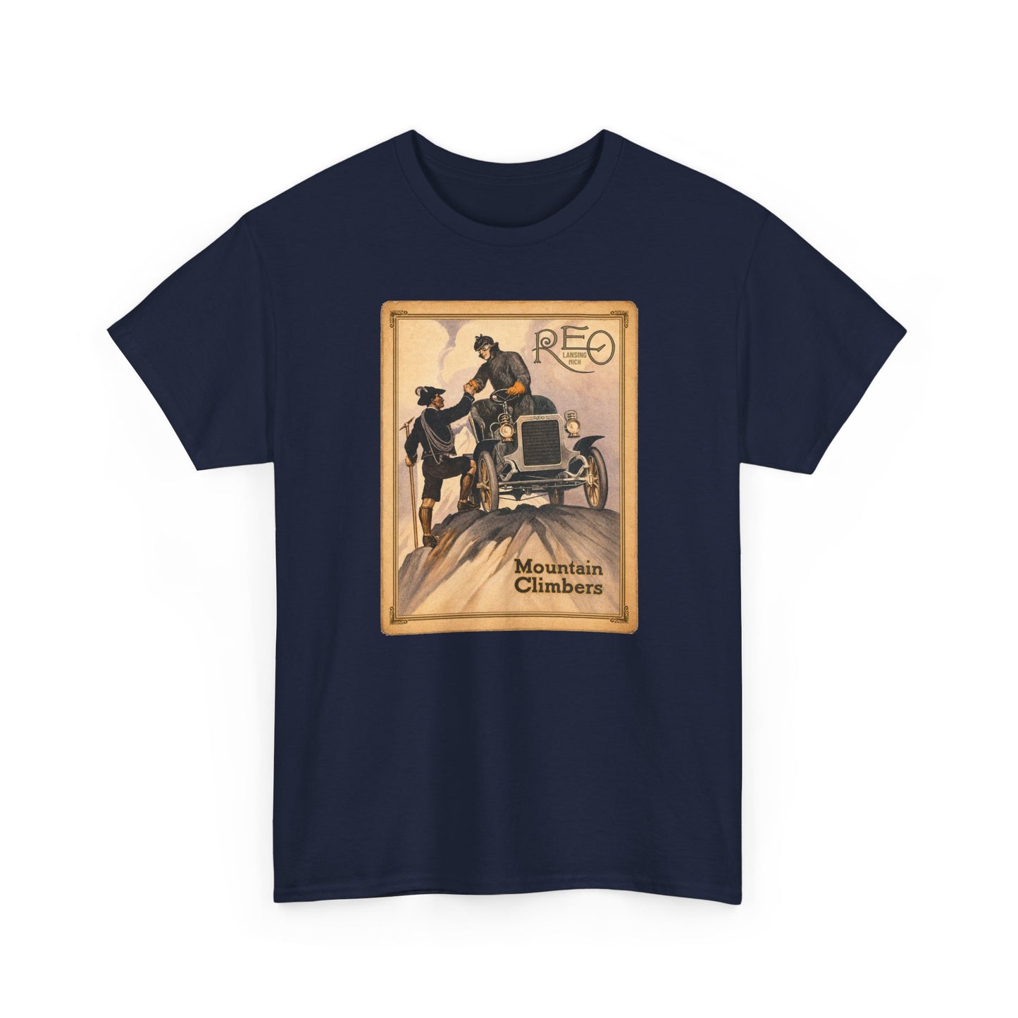 REO Lansing Michigan Mountain Climbers T-Shirt - Unisex Heavy Cotton Tee