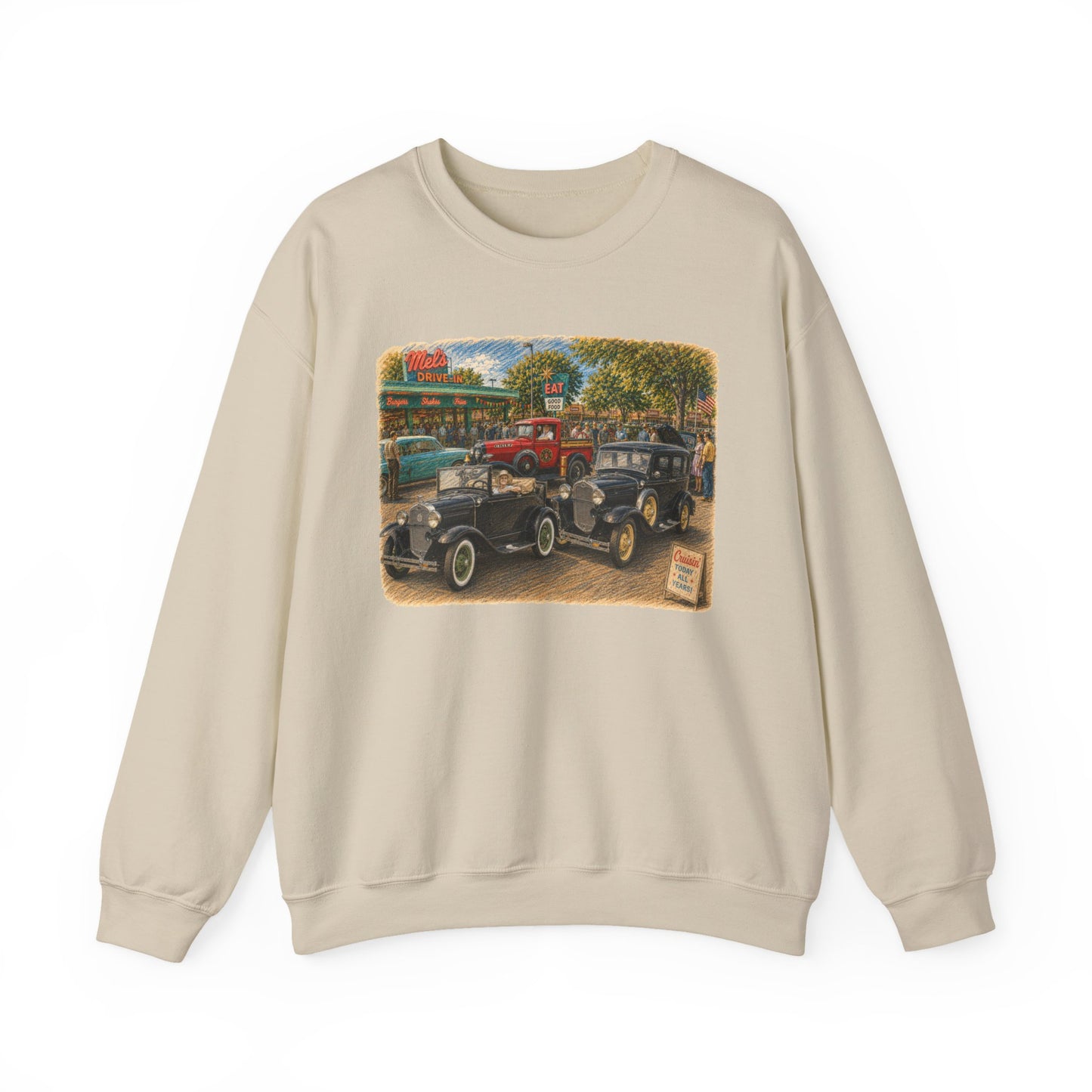 Mel's Drive-In (LTG) Crewneck Sweatshirt — Retro Antique Car Scene
