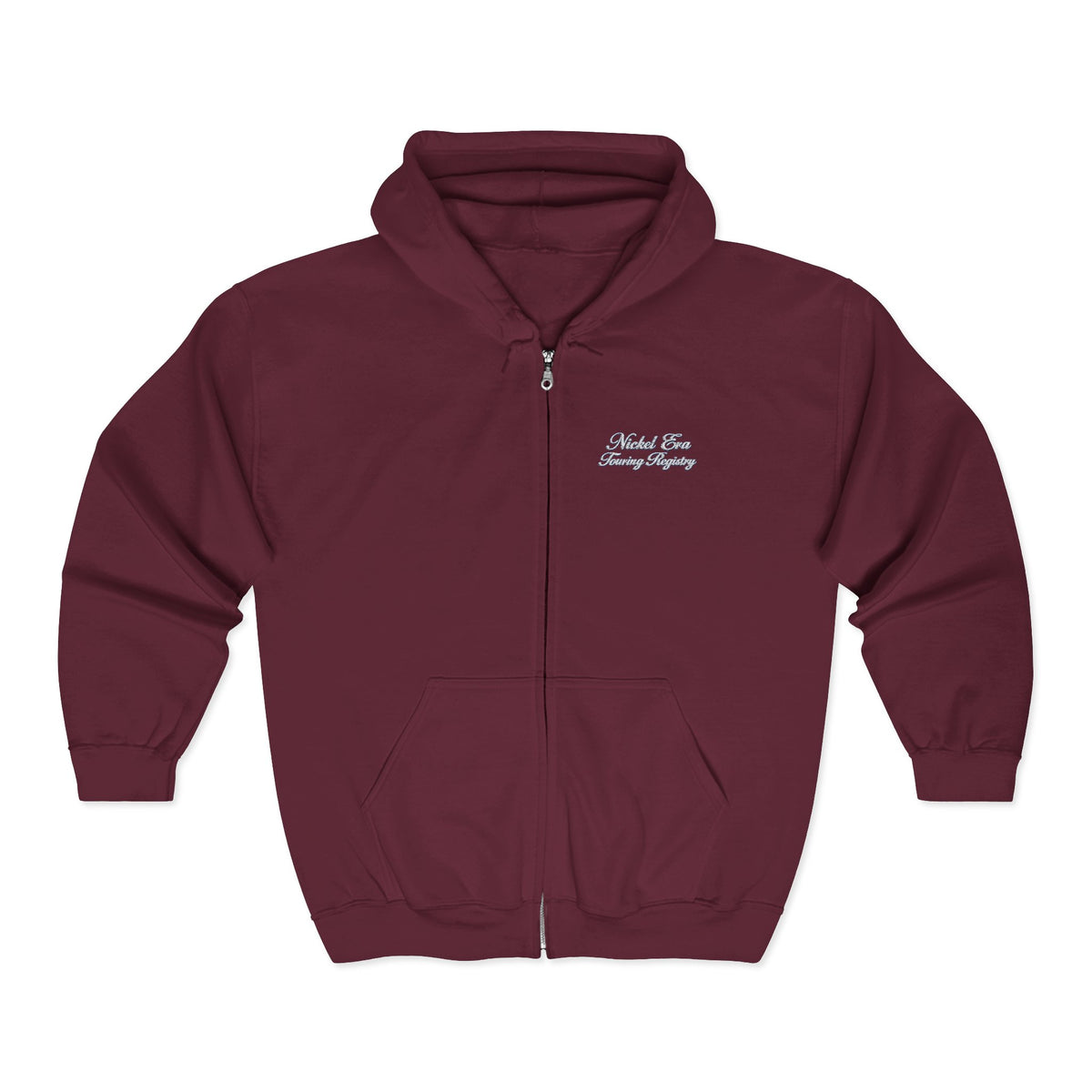 Nickel Era Touring Registry Hoodie with Embroidered Script Chest Text — Unisex Heavy Blend™ Full Zip Hooded Sweatshirt