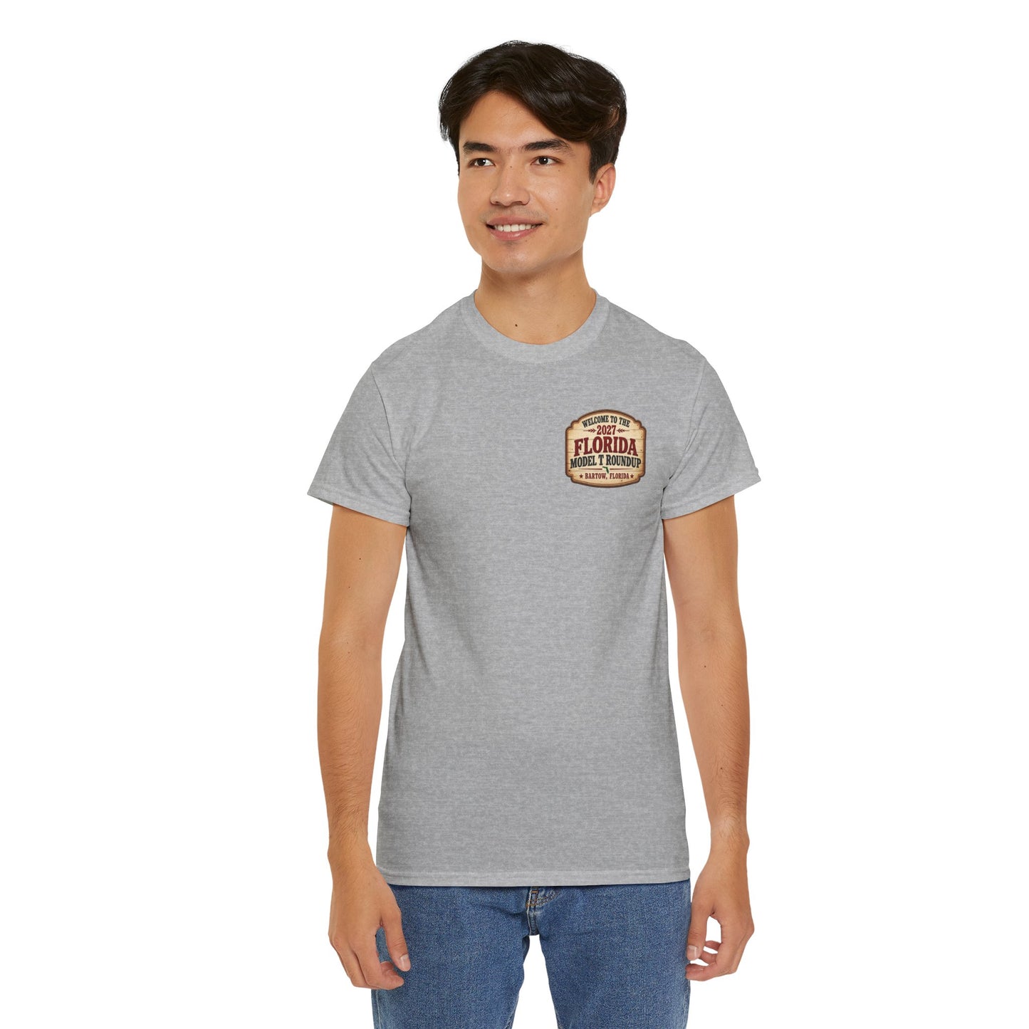 Florida Model T Roundup 2027 T-Shirt — Unisex Heavy Cotton Tee (Front and Back Graphic)