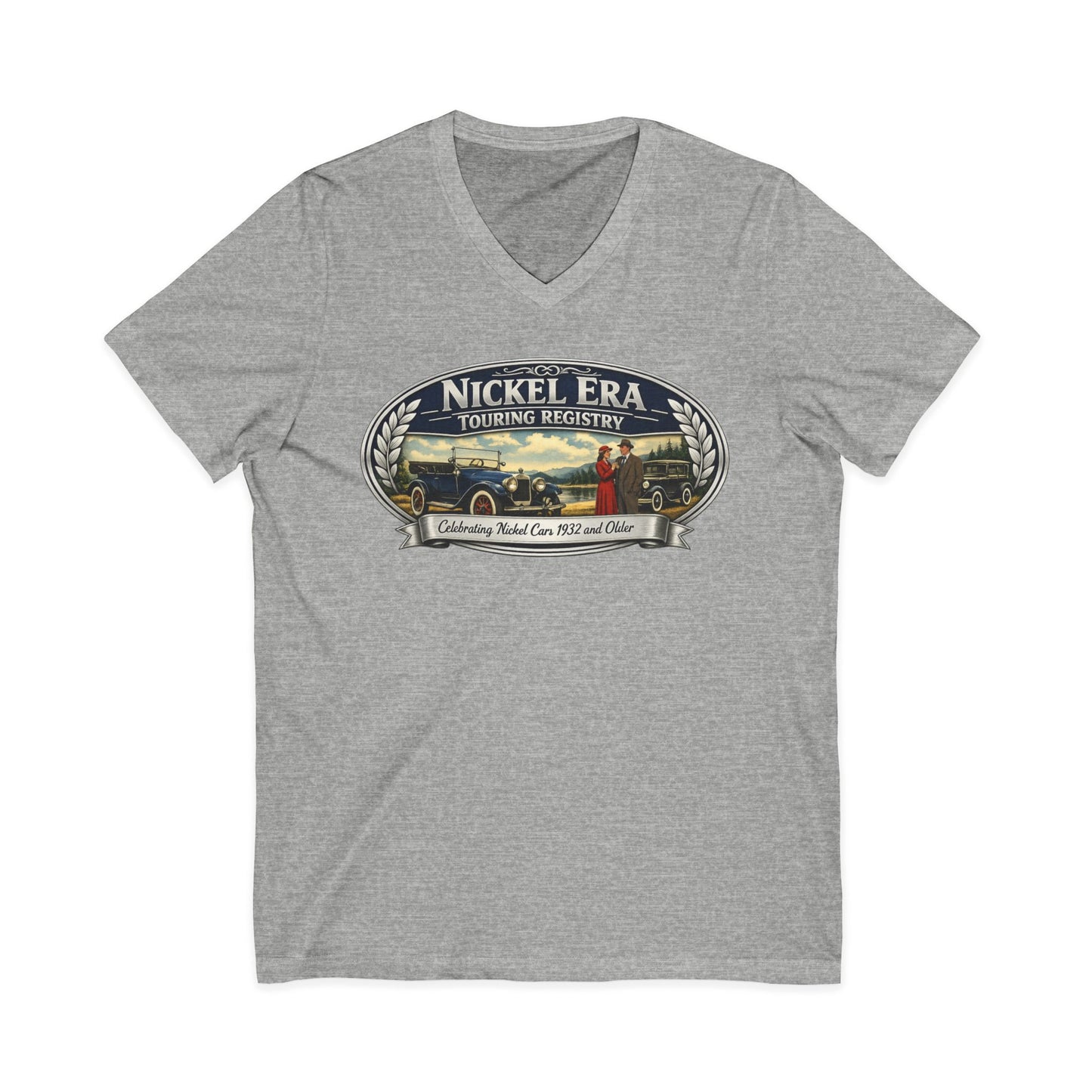 Nickel Era Touring Registry Women's V-Neck Tee — Vintage Car Club Graphic Shirt