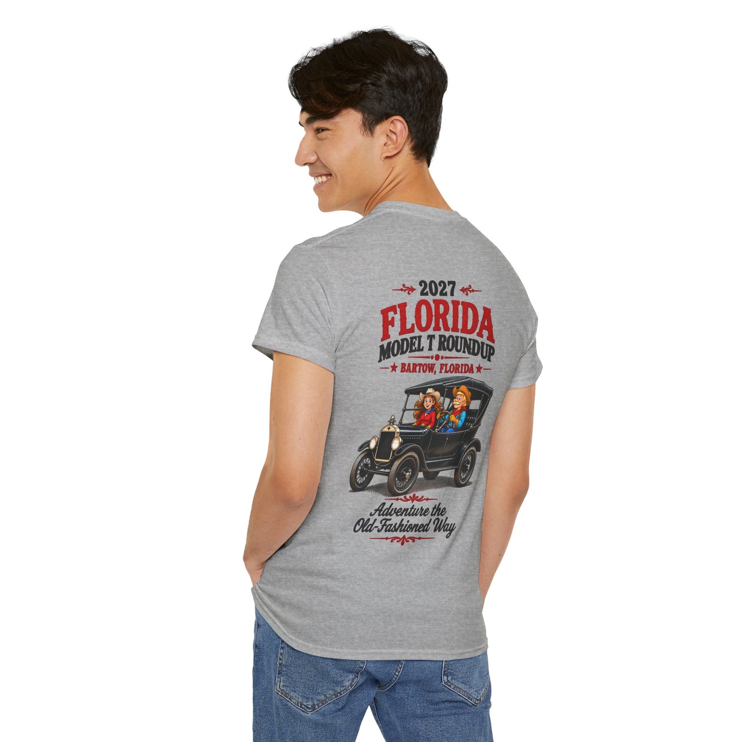 Florida Model T Roundup 2027 T-Shirt — Unisex Heavy Cotton Tee (Front and Back Graphic)