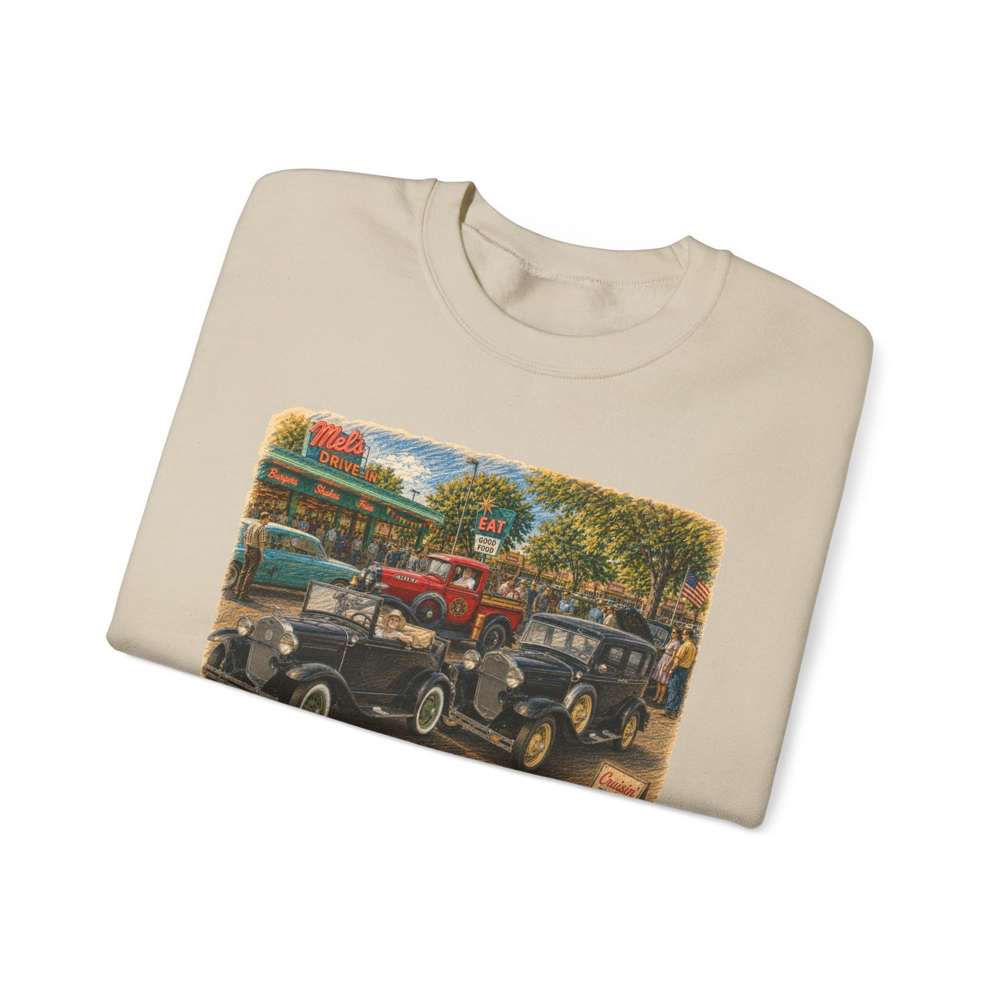 Mel's Drive-In (LTG) Crewneck Sweatshirt — Retro Antique Car Scene