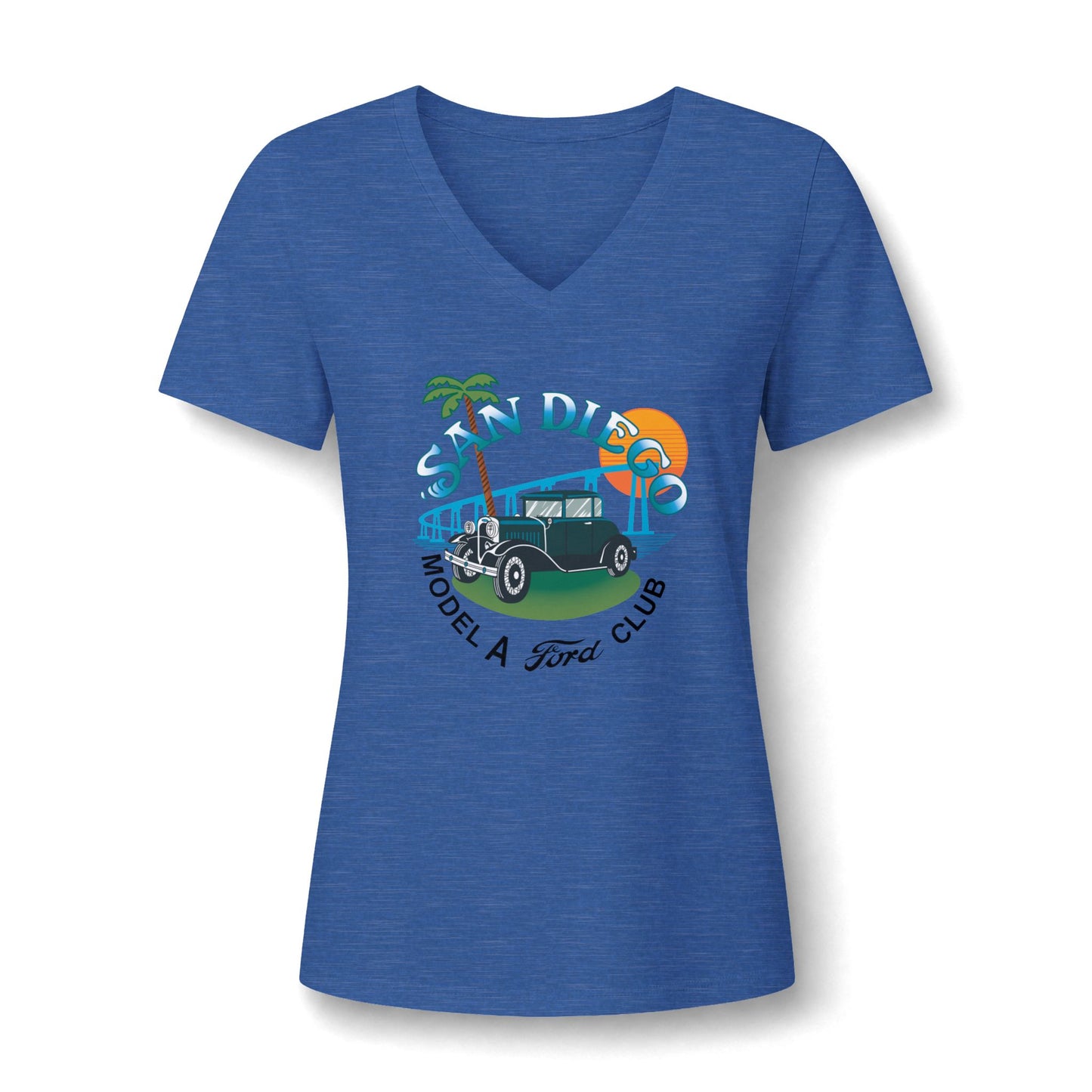 San Diego Model A Ford Club V-Neck Tee — Vintage Car Beach Graphic