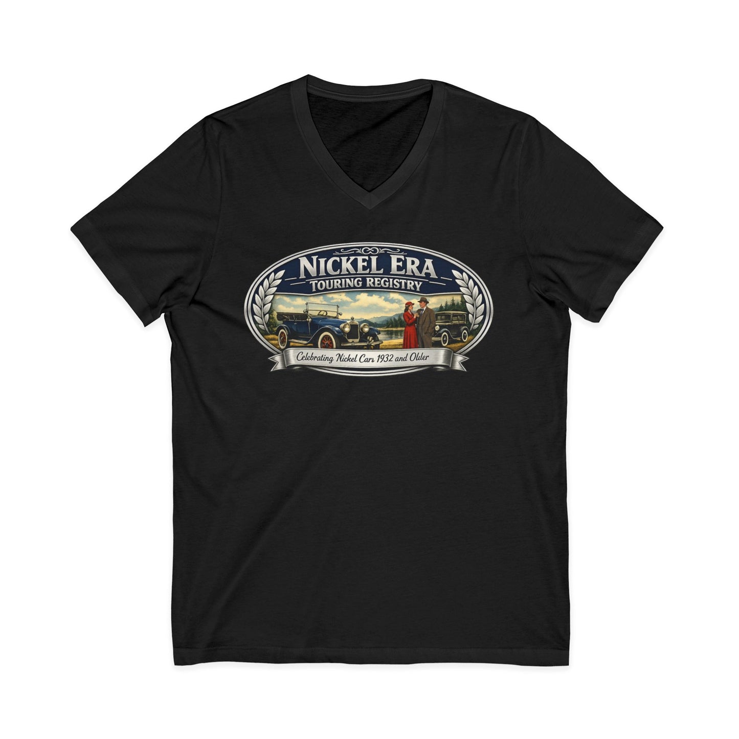 Nickel Era Touring Registry Women's V-Neck Tee — Vintage Car Club Graphic Shirt