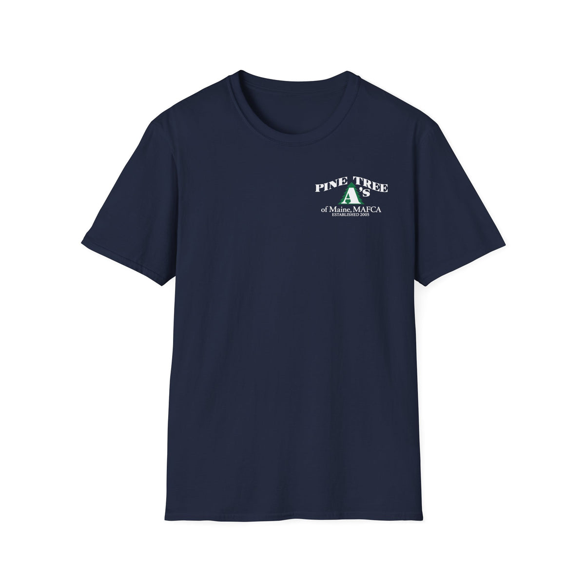 Pine Tree A's of Maine, MAFCA T‑Shirt with Front and Back Logos — Unisex Softstyle T-Shirt