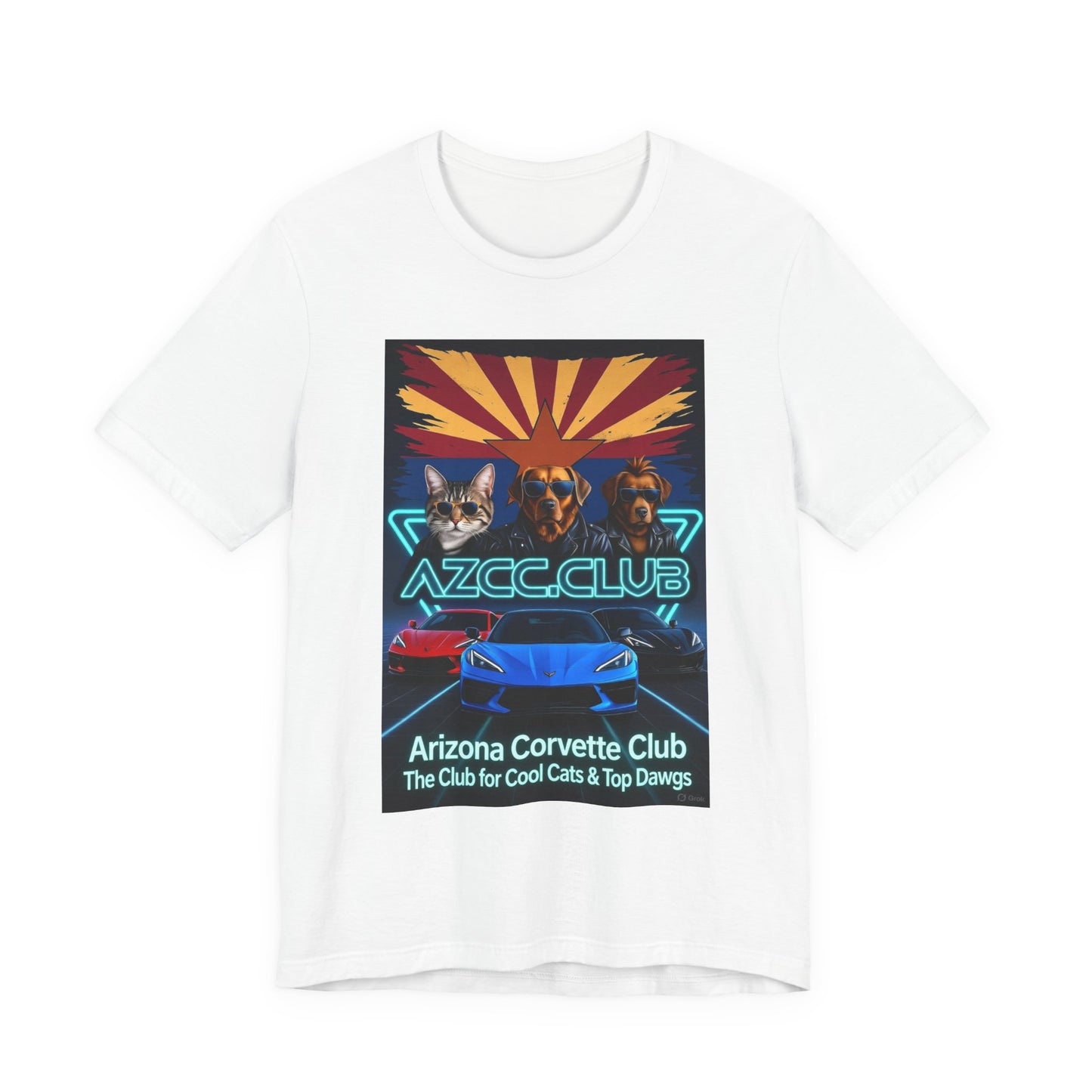 Arizona Corvette Club Tee — "AZCC.CLUB" Neon Retro Cat & Dog Corvette Tee
